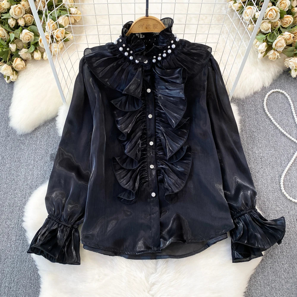 3D Flower Stand Collar Flare Sleeve Flounced Edge Single Breasted Shirt