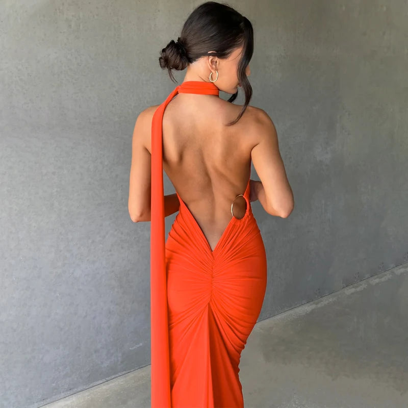 One Shoulder Backless Adjustable Scarf Loop Ruched Maxi Dress