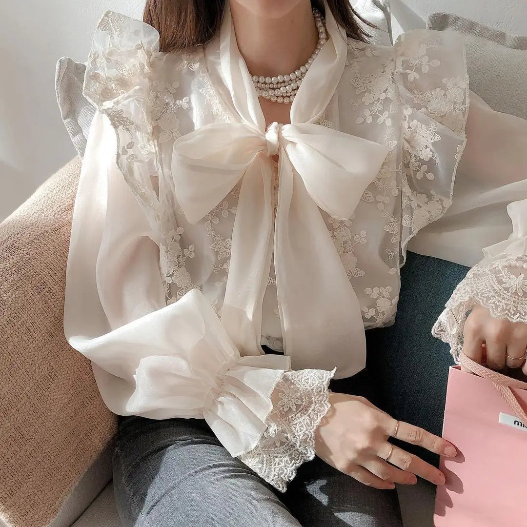 Bow Tie Lace Embroidery Flower Loose Trumpet Sleeve  Blouse