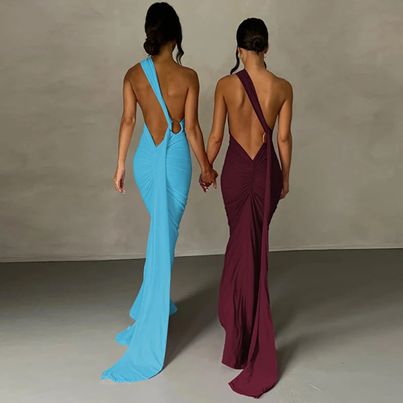 One Shoulder Backless Adjustable Scarf Loop Ruched Maxi Dress