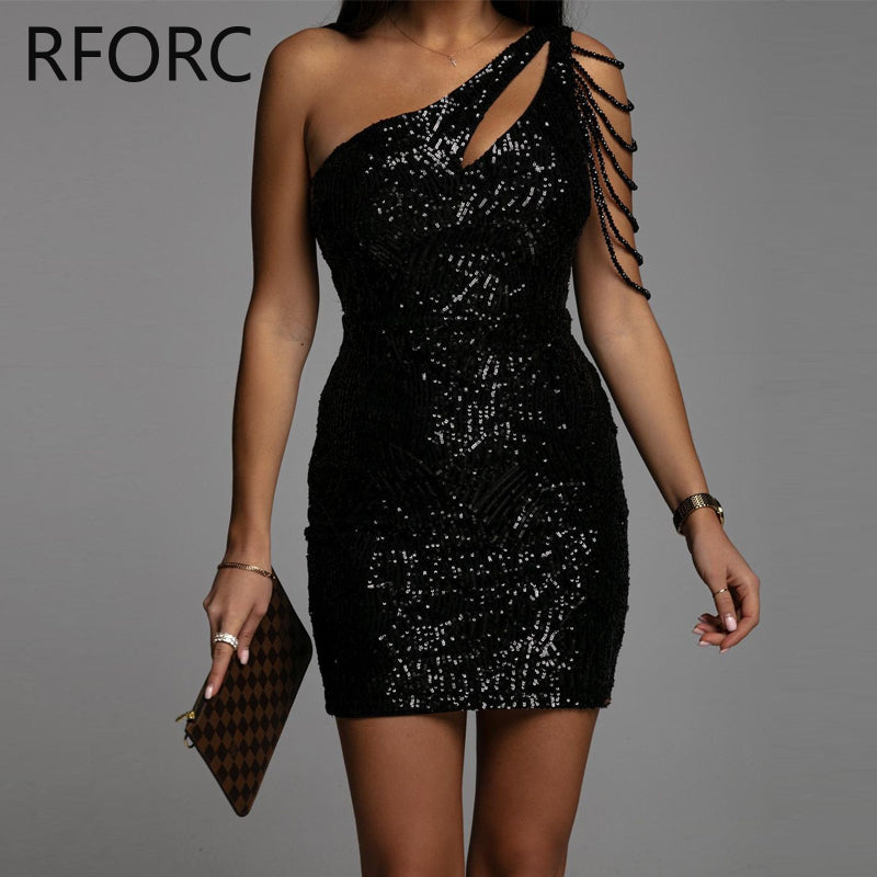 Sequin One Shoulder Hollow Out Mini Bodycon Dress