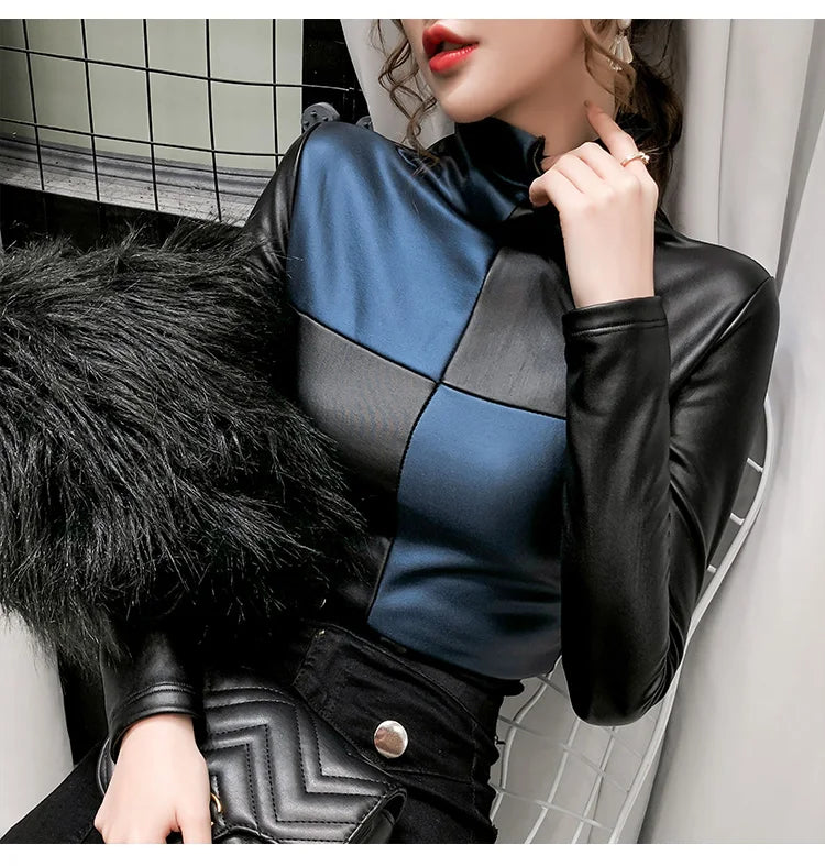 PU Leather Turtleneck Long Sleeve Blouse