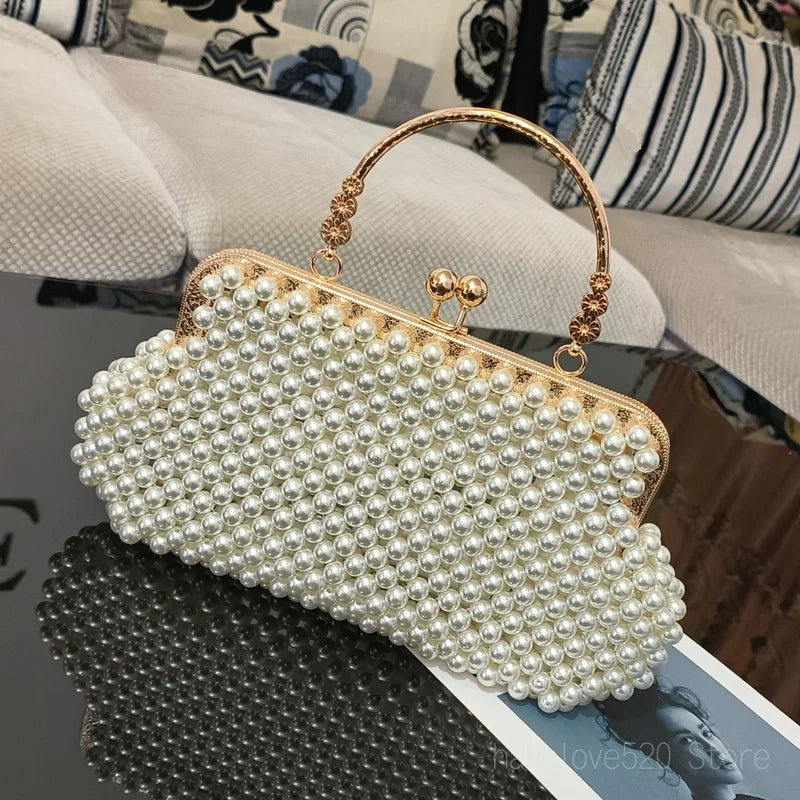 Pearl Breaded Top-Handle Hand-woven Handbag