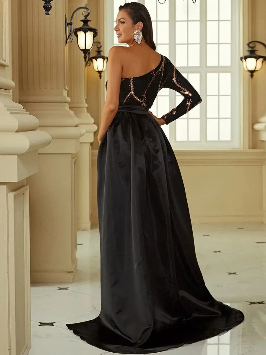 One Shoulder Sequins Long Sleeve Open Back Maxi Dress