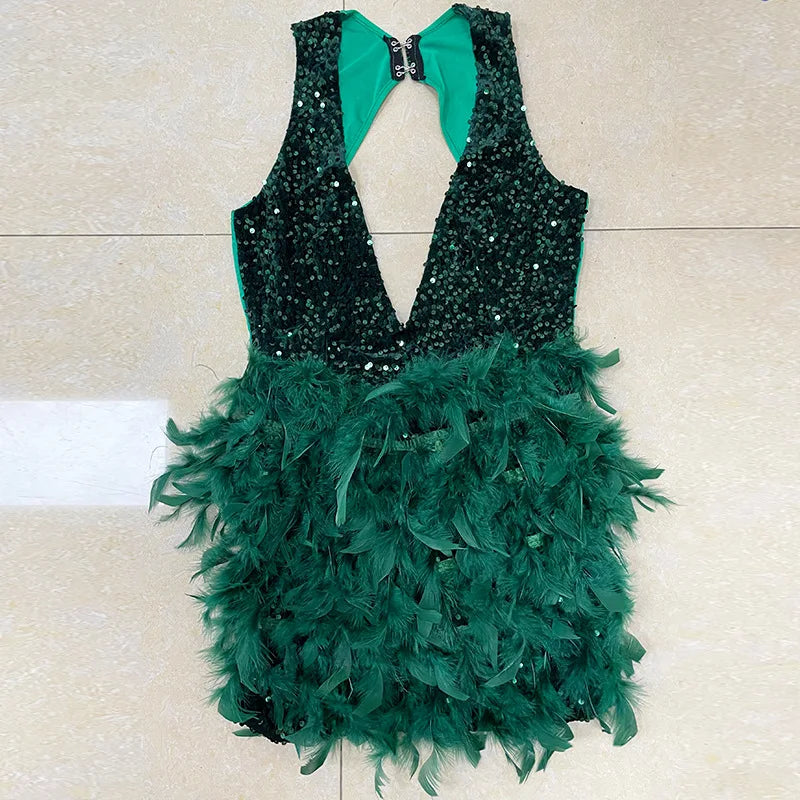 Deep V Sequins Feather Backless Mini Dress