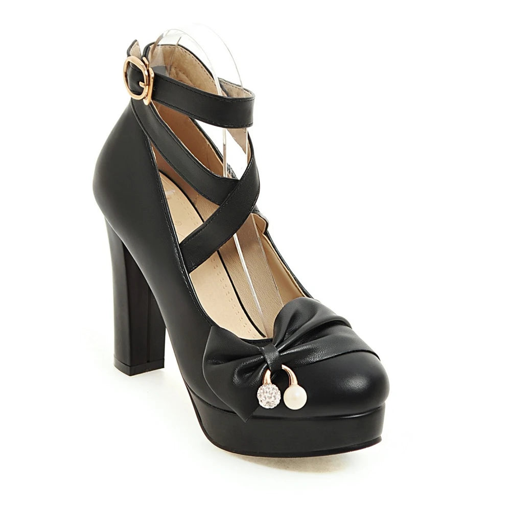 Cross-tied Ankle Strap Bow Platform High Heels Shoes