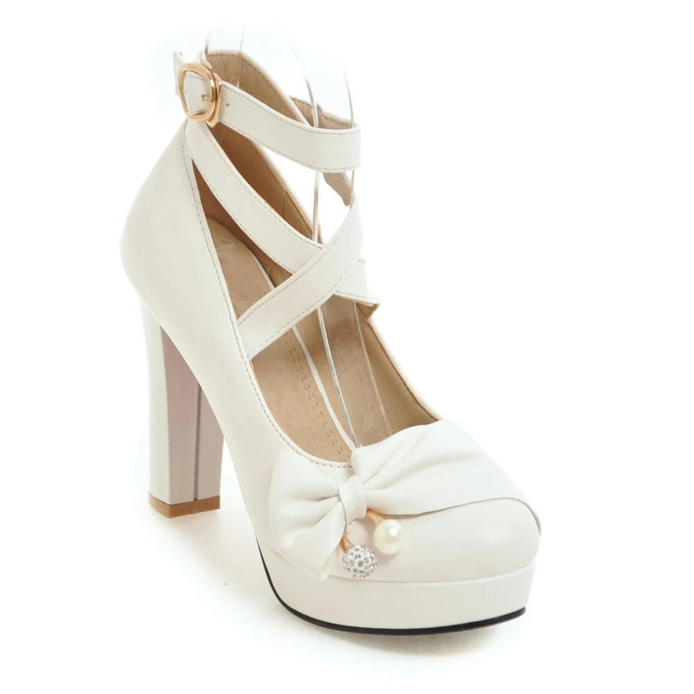 Cross-tied Ankle Strap Bow Platform High Heels Shoes