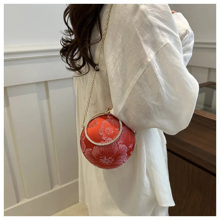 Embroidered Spherical Hand-held Shoulder Crossbody Chain Bag