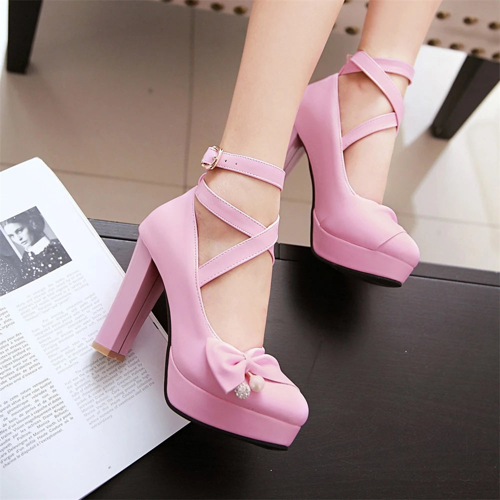 Cross-tied Ankle Strap Bow Platform High Heels Shoes