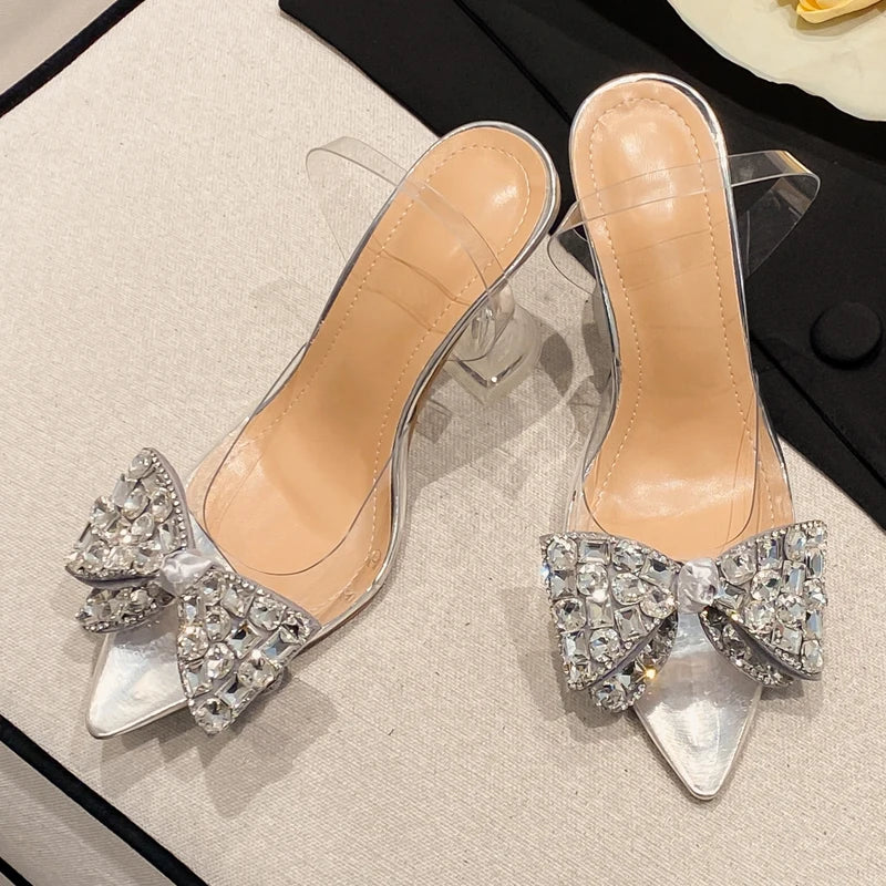 Butterfly-knot Crystal Transparent Pointed Toe High Heel Shoes