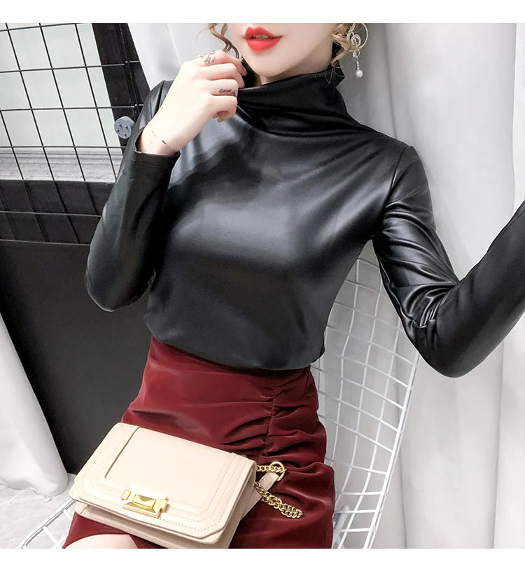 PU Leather Turtleneck Long Sleeve Blouse