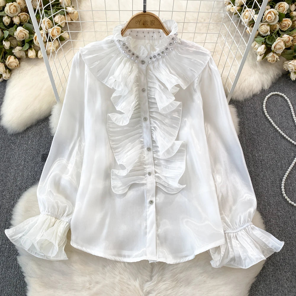 3D Flower Stand Collar Flare Sleeve Flounced Edge Single Breasted Shirt