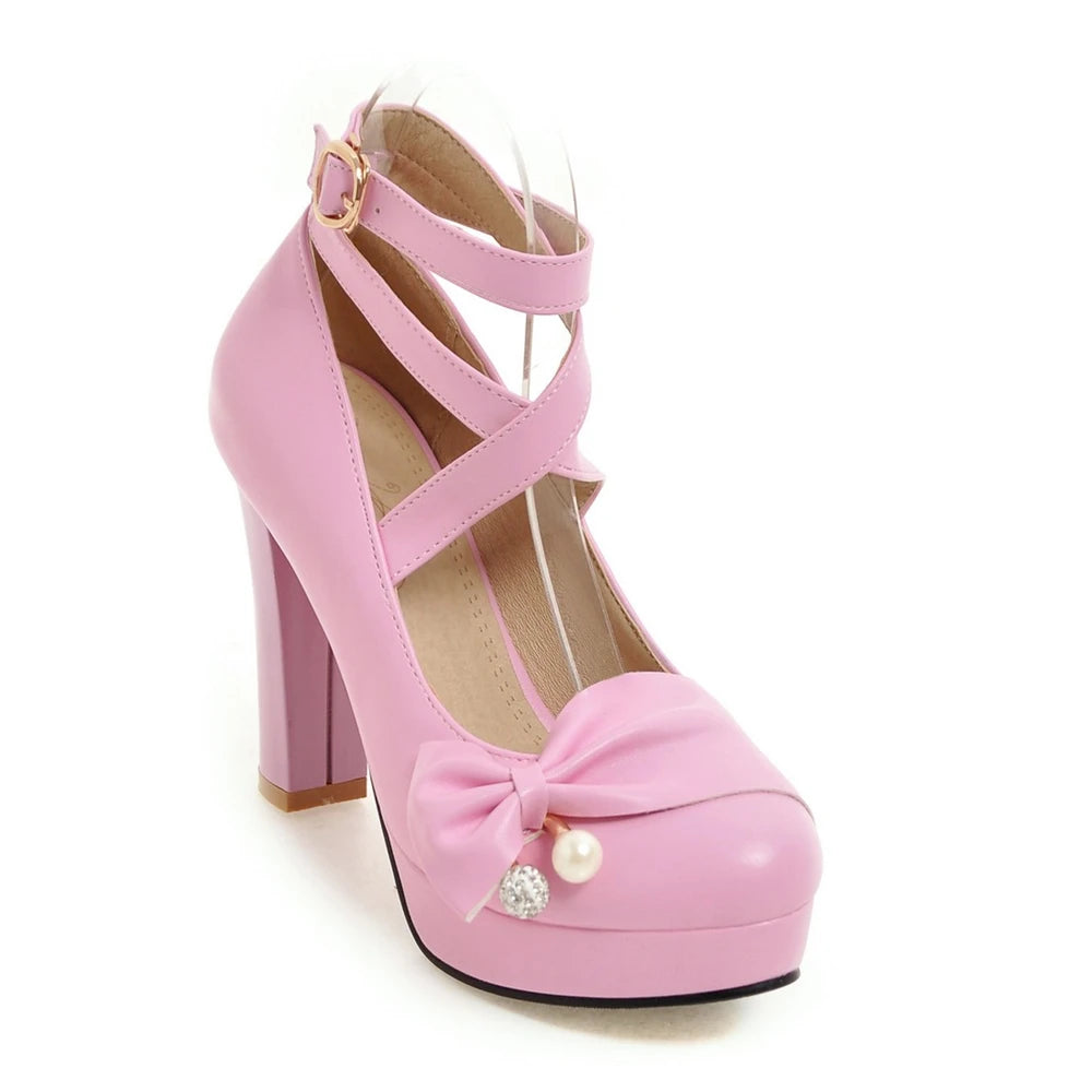 Cross-tied Ankle Strap Bow Platform High Heels Shoes