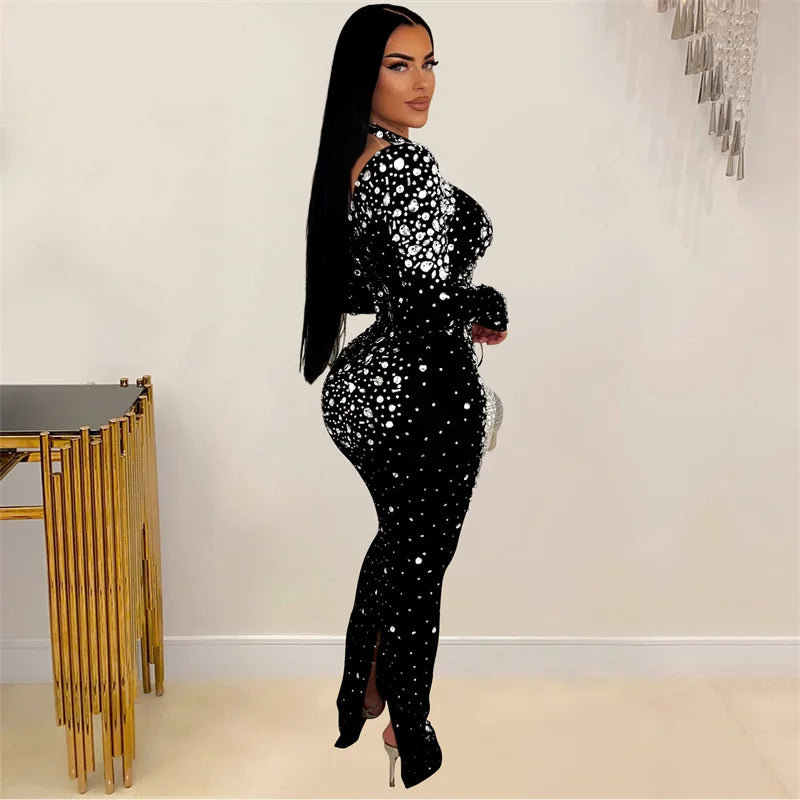 Mesh Rhinestone Long Sleeve Maxi Dress