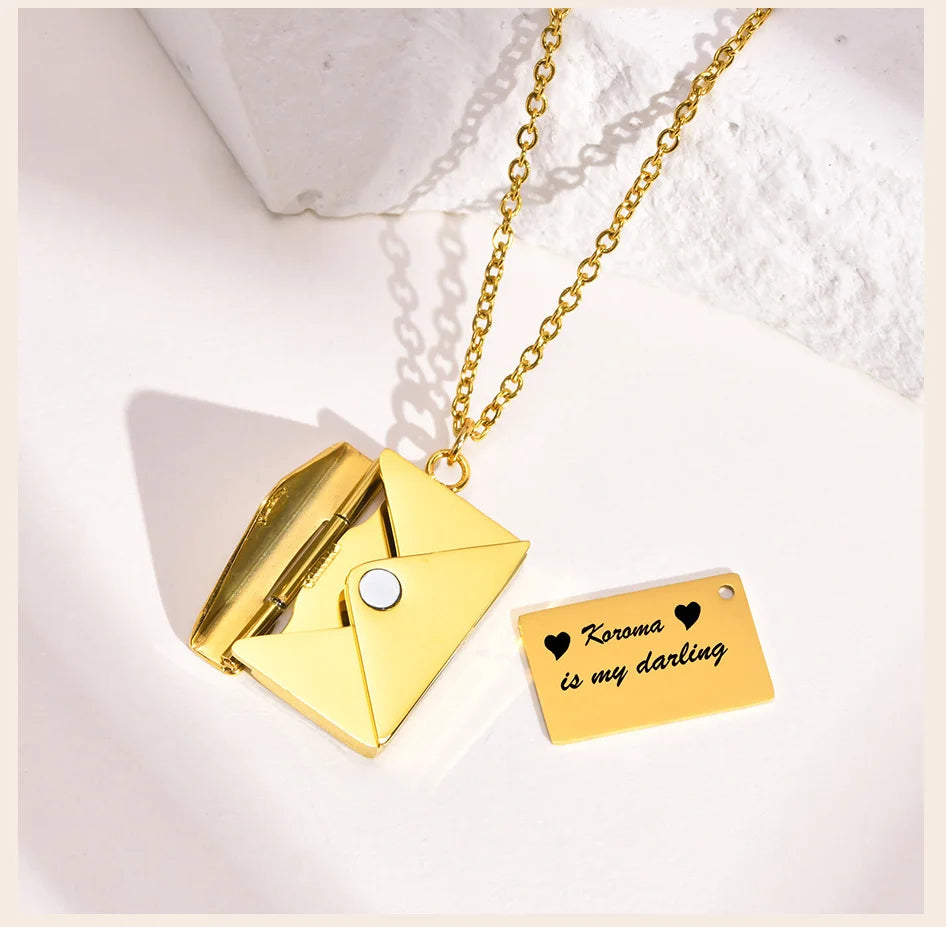 Personalised Envelope Locket Pendant Stainless Steel Love Letter Engrave Long Chain Necklace