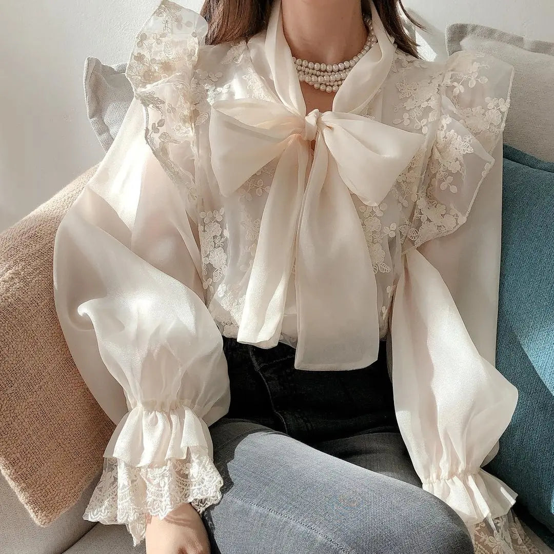 Bow Tie Lace Embroidery Flower Loose Trumpet Sleeve  Blouse