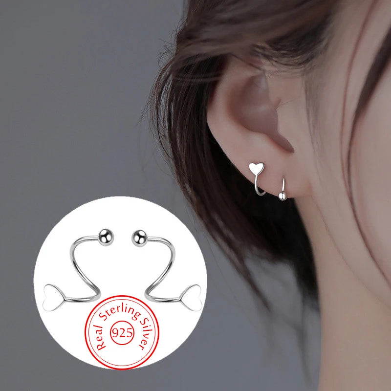 925 Sterling Silver Spiral Heart Star Stud Earrings