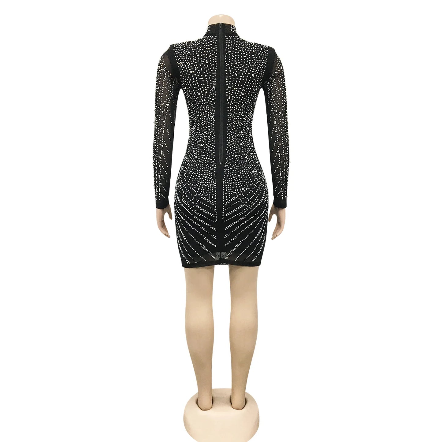 Sequin Deep V Mesh Long Sleeve Dress