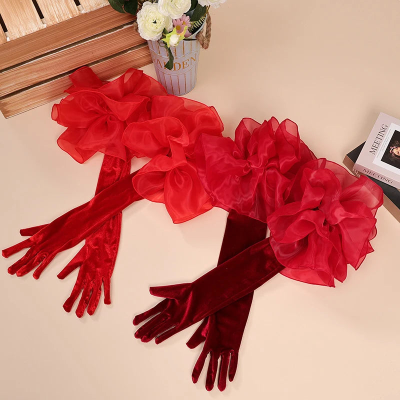 Velvet Ruffle Long Full Finger  Sleeve Glove