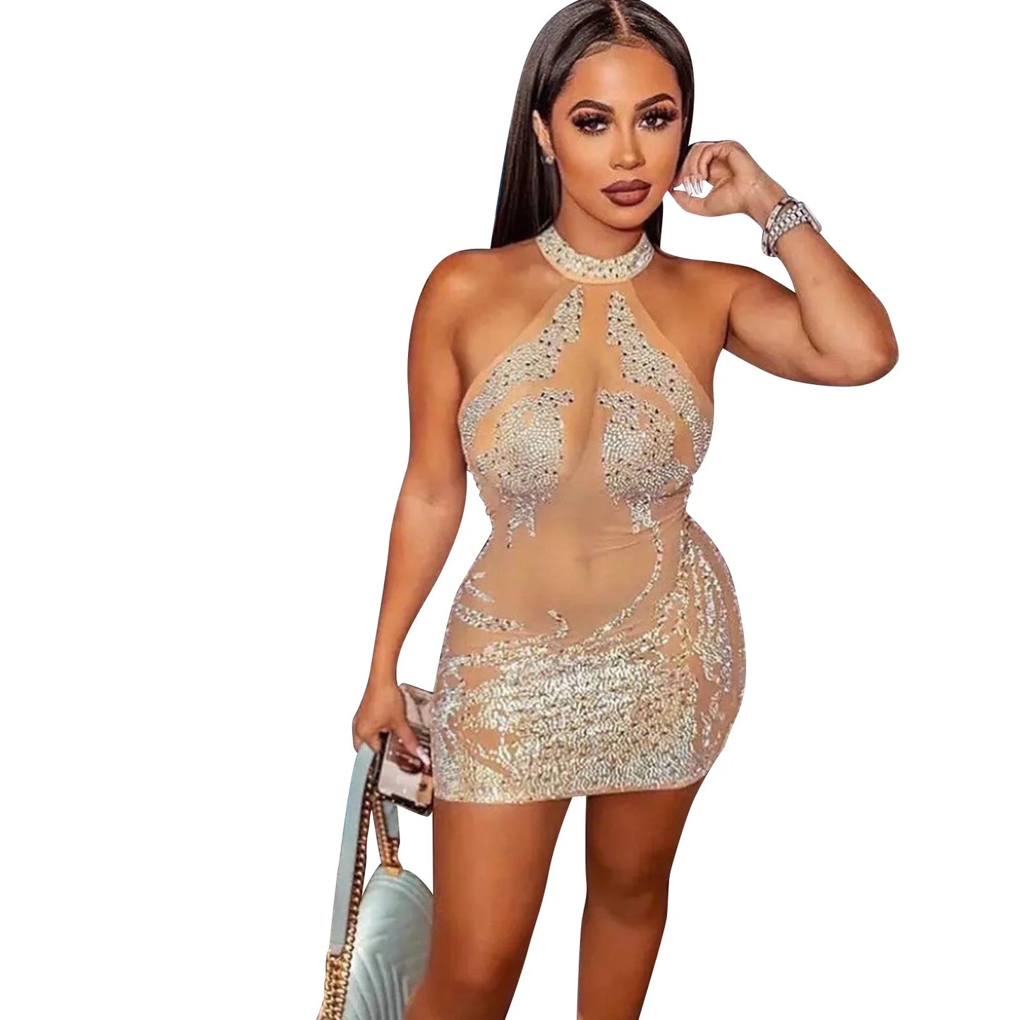 Halter-neck Mesh Rhinestone Sleeveless Mini Dress