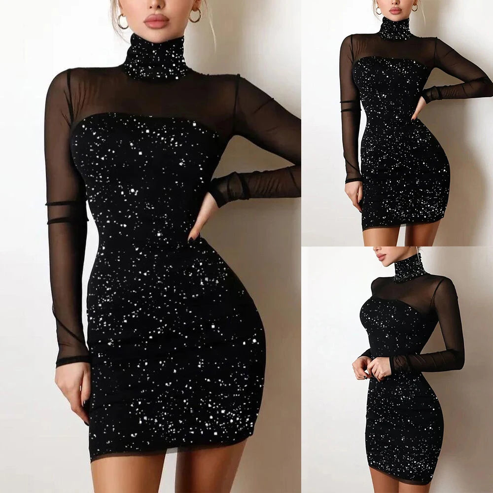 Mesh Glitter Half High Collar Long Sleeve Dress