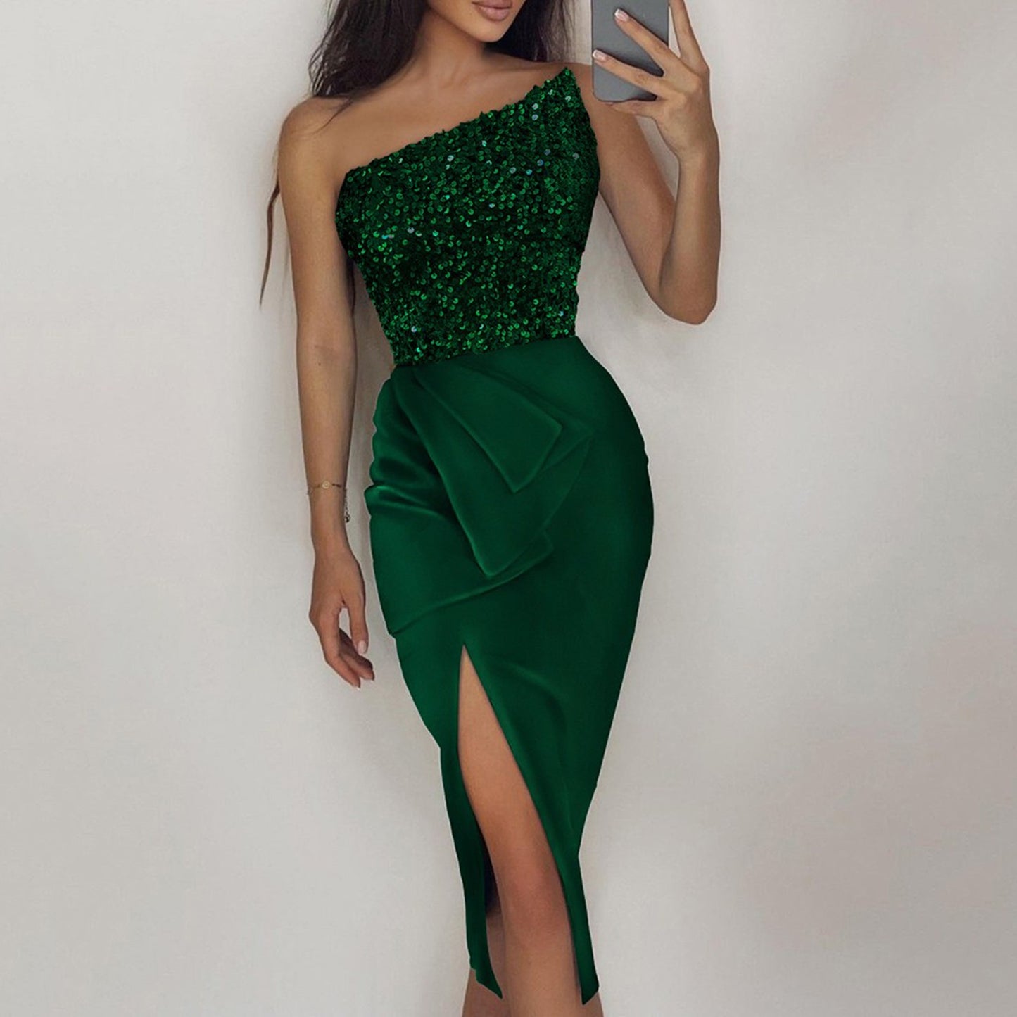 One Shoulder Sequin Midi Dress