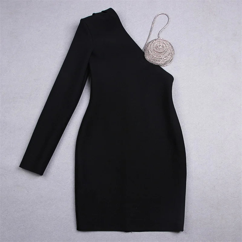 One Shoulder Sparkling Crystal Long Sleeve Mini Dress