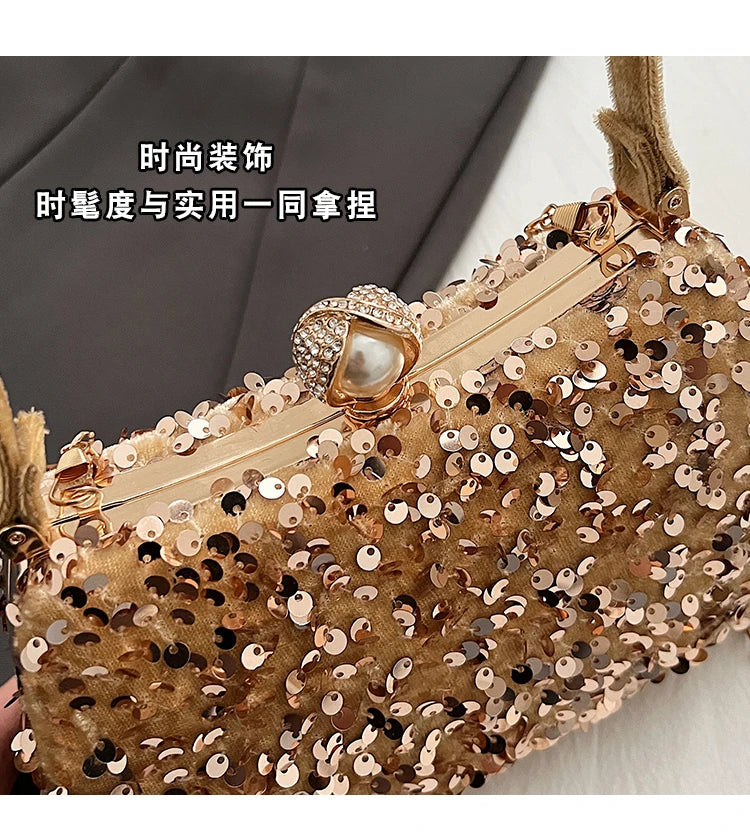 Sequin Pearl Long Chain Handbag