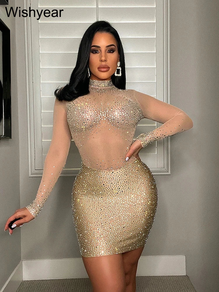 Sequin Mesh Sheer Long Sleeve Short Dress