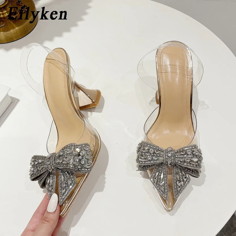 Crystal Sequin Bowknot Pointed Toe PVC Transparent High Heel Shoes