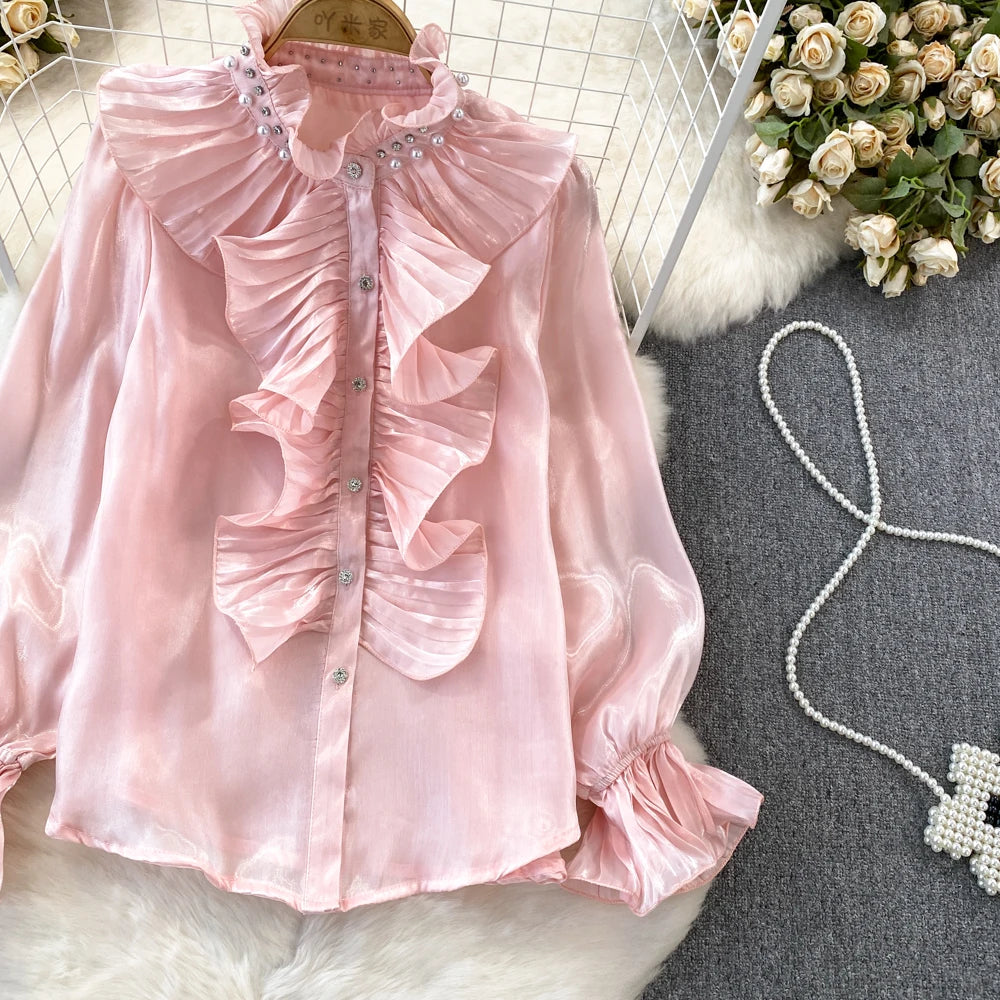 3D Flower Stand Collar Flare Sleeve Flounced Edge Single Breasted Shirt