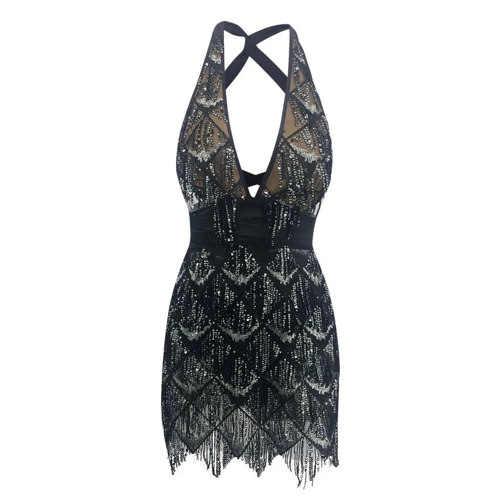 Mesh Sparkly Sequins Beaded Tassel Sleeveless Backless Cross Strap Dress