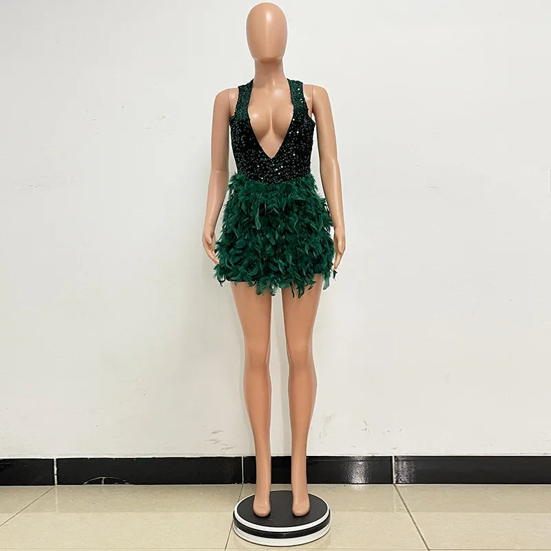 Deep V Sequin Feather Backless Mini Dress