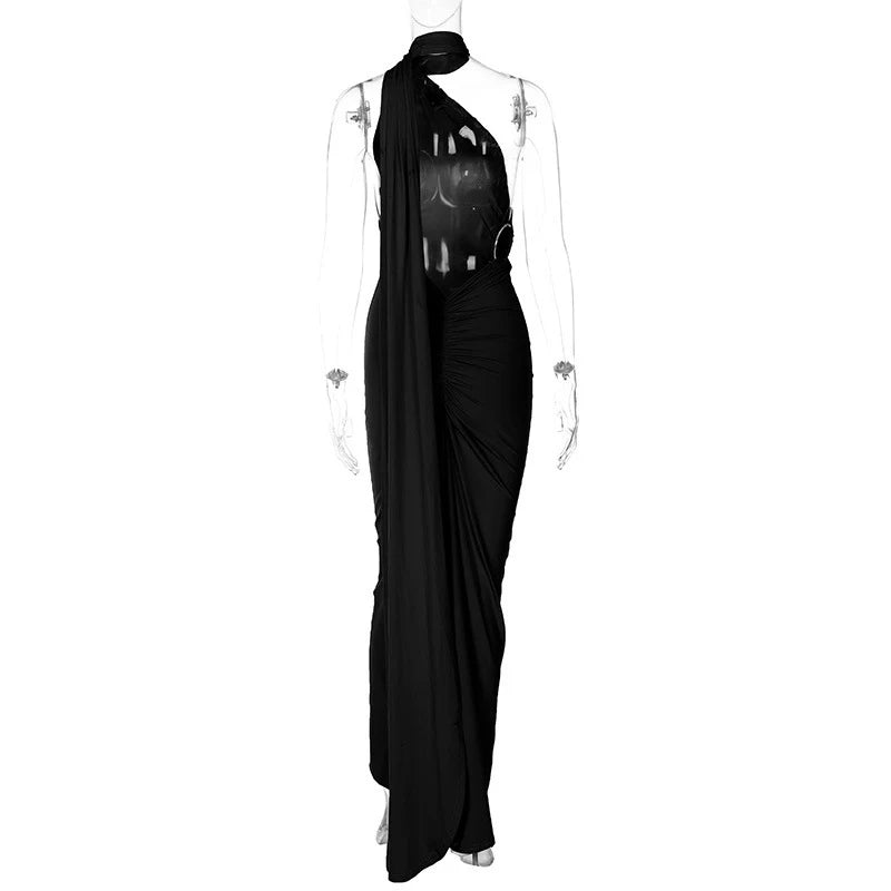 One Shoulder Backless Adjustable Scarf Loop Ruched Maxi Dress