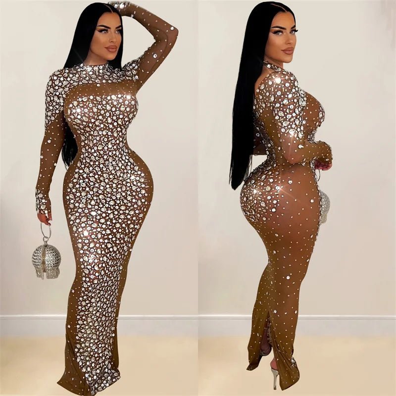 Mesh Rhinestone Long Sleeve Maxi Dress