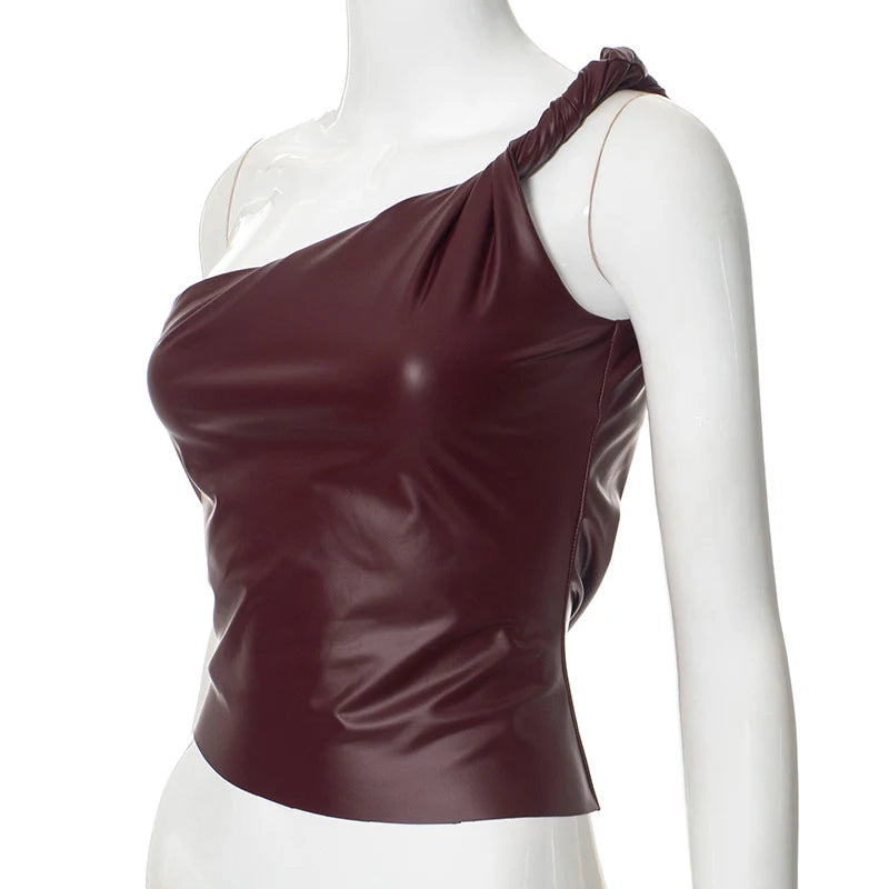 Pu Leather One Shoulder Top