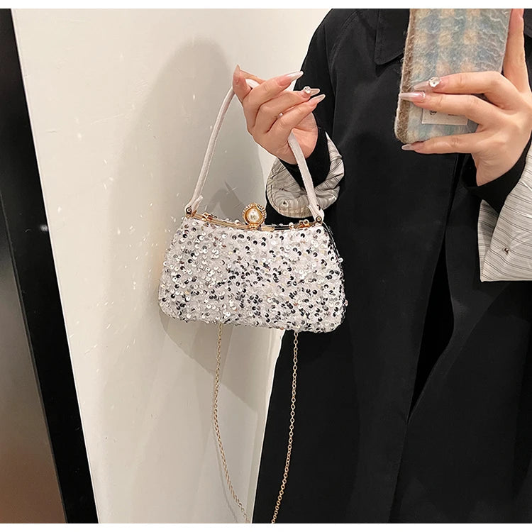 Sequin Pearl Long Chain Handbag