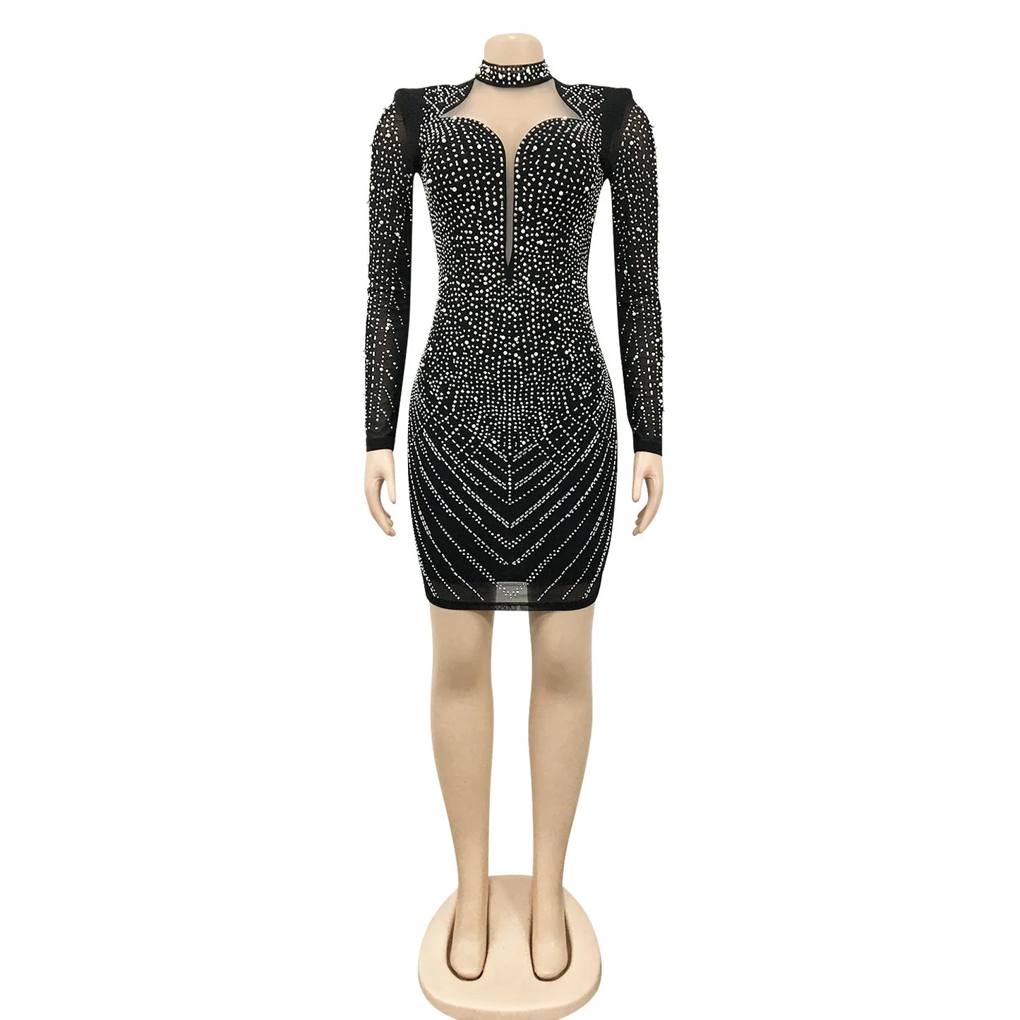 Sequin Deep V Mesh Long Sleeve Dress