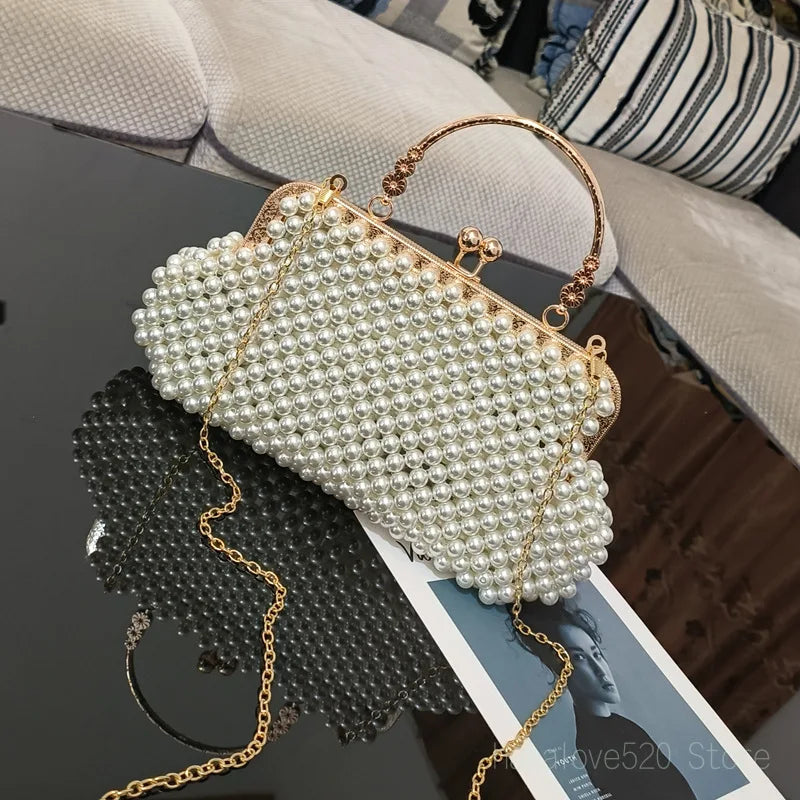 Pearl Breaded Top-Handle Hand-woven Handbag