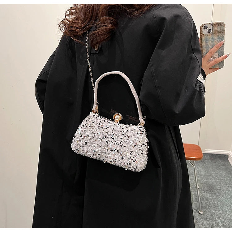 Sequin Pearl Long Chain Handbag