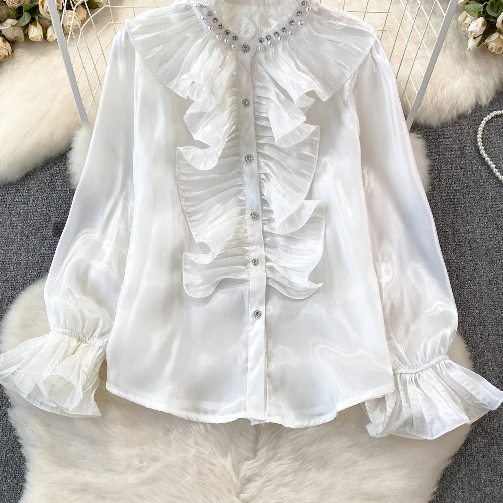 3D Flower Stand Collar Flare Sleeve Flounced Edge Single Breasted Shirt