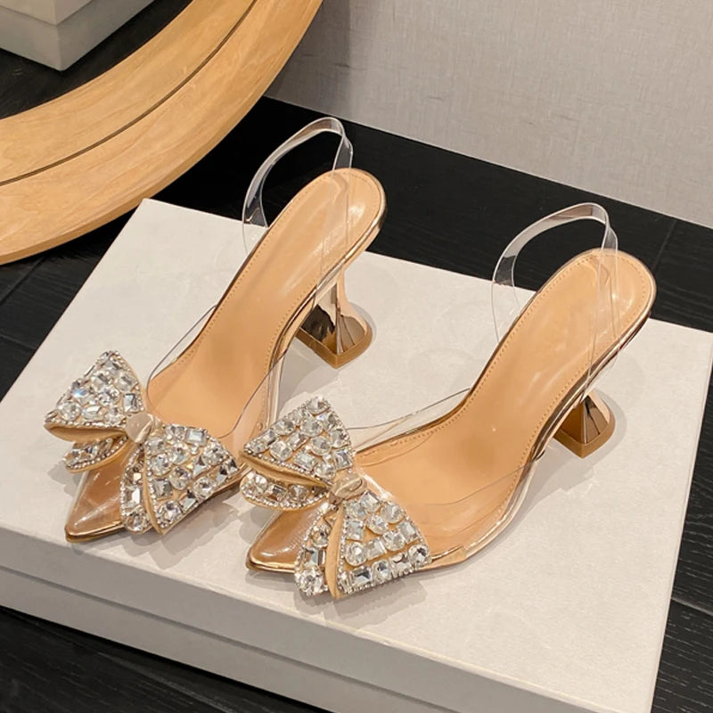 Butterfly-knot Crystal Transparent Pointed Toe High Heel Shoes