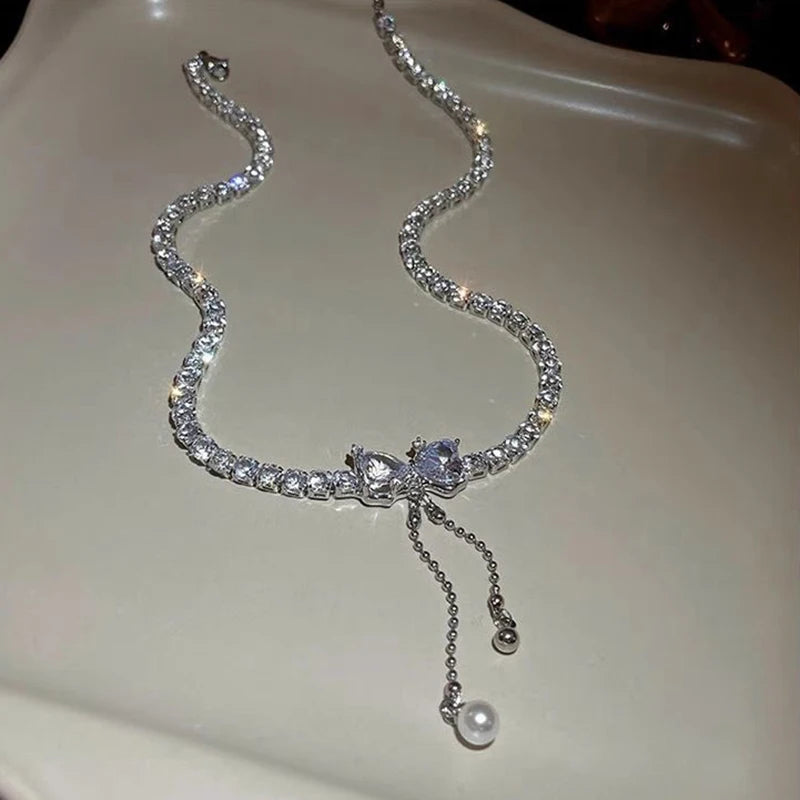 Rhinestone Bow-tie Chain Necklace