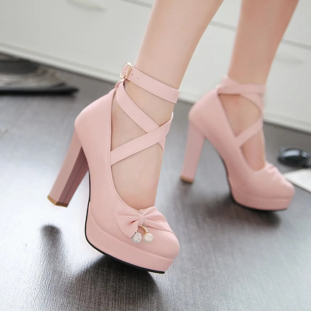 Cross-tied Ankle Strap Bow Platform High Heels Shoes