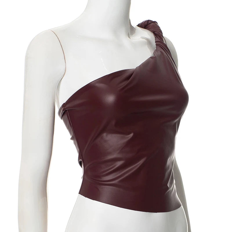 Pu Leather One Shoulder Top