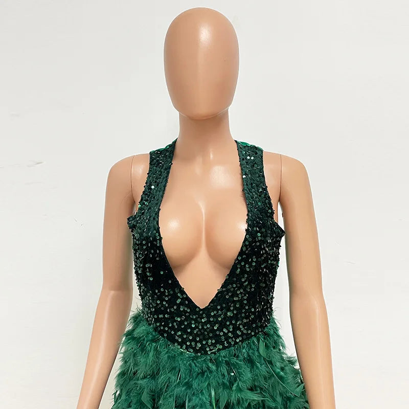 Deep V Sequins Feather Backless Mini Dress