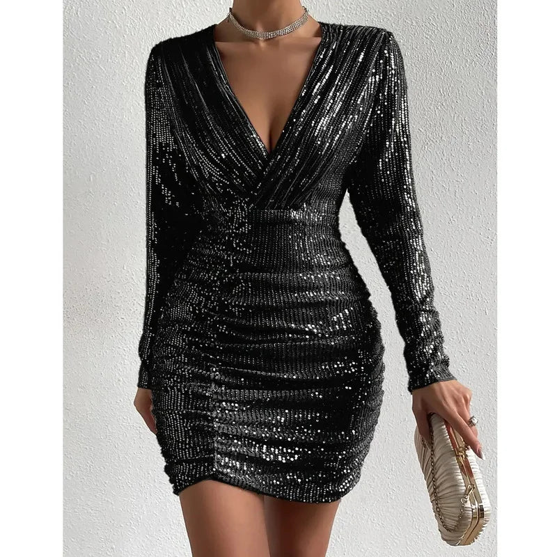 Sequin Pleated V-neck Long Sleeve Dress