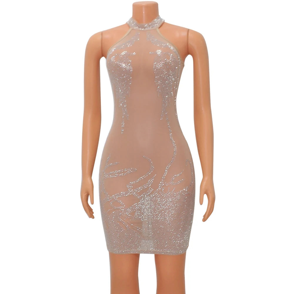 Halter-neck Mesh Rhinestone Sleeveless Mini Dress