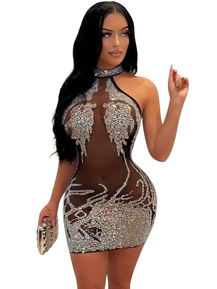 Halter-neck Mesh Rhinestone Sleeveless Mini Dress