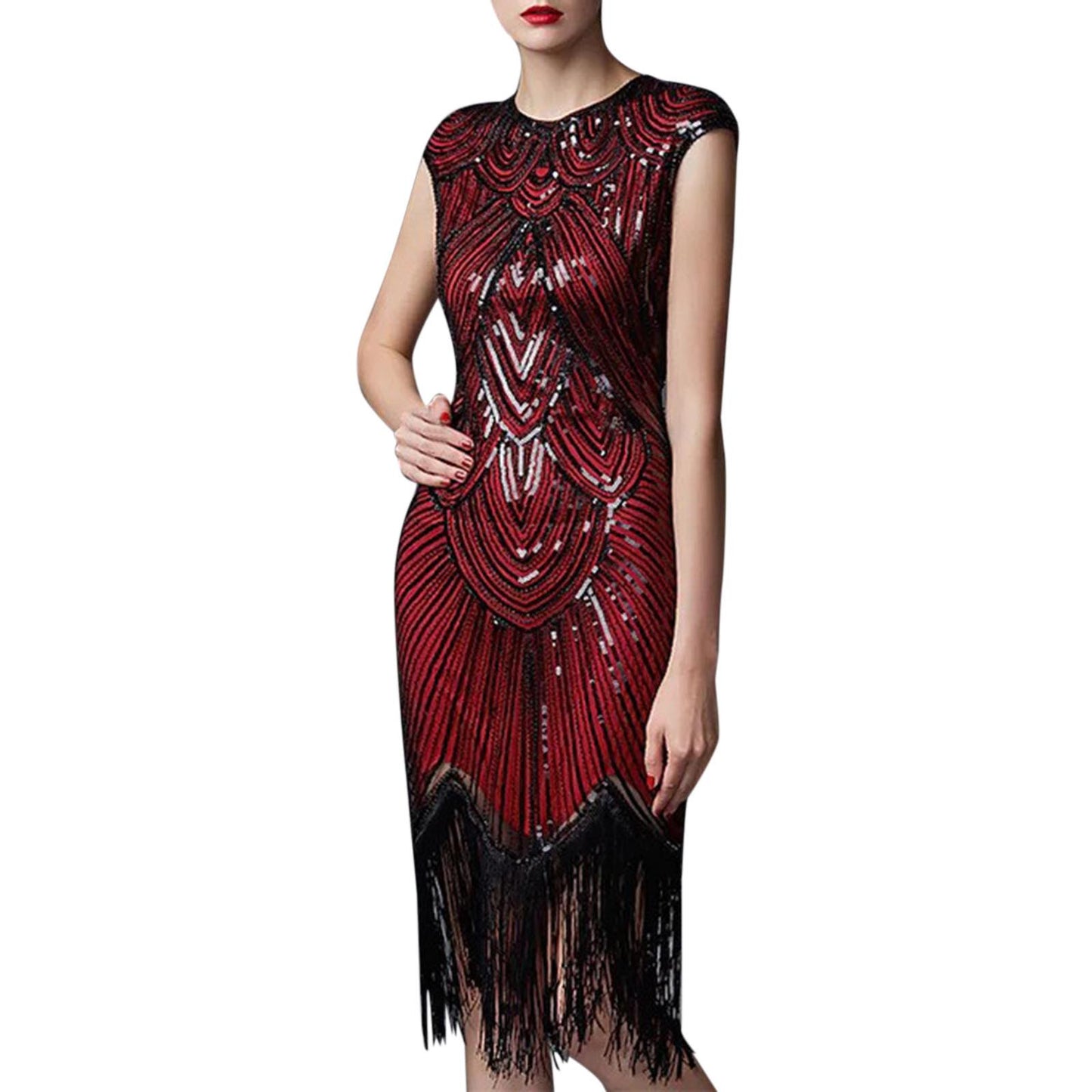 Sequin Round Neck Sleeveless Tassel Dress